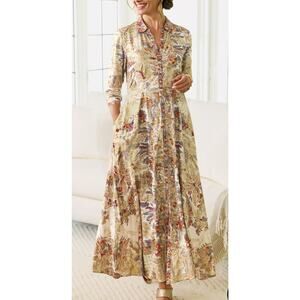 Soft Surroundings Mekness Metallic Floral Maxi Shirt Dress Size Large